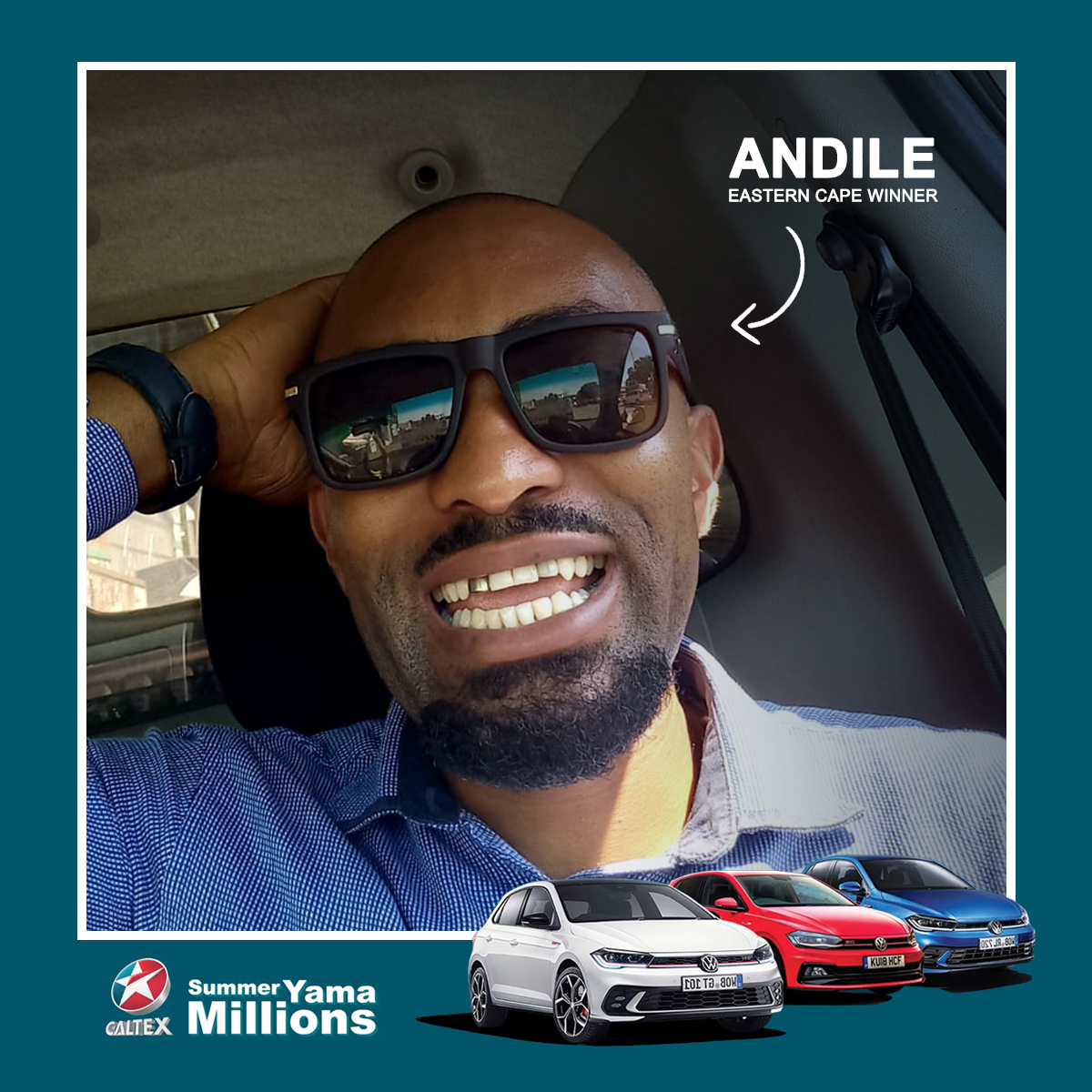 AstronEnergy_EC's tweet image. Woooohooo! We have an Eastern Cape #SummerYamaMillions WINNER!! 🥳🎉
 A huge congrats to an excited Andile Cwele from Mthatha, who will be driving away in 1 of 12 VW Polo's! 🚗 
Wishing you many safe and smooth journeys in your new car! 😄
#StartAtCaltex #WinWithCaltex