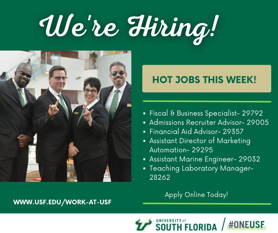 USF_HR's tweet photo. So many exciting career opportunities at #USF. Check out these #HotJobs. Apply online at https://t.co/qrvOcLDj0b #USFTalent #OneUSF #USFCareers https://t.co/NiTl8V9Cck