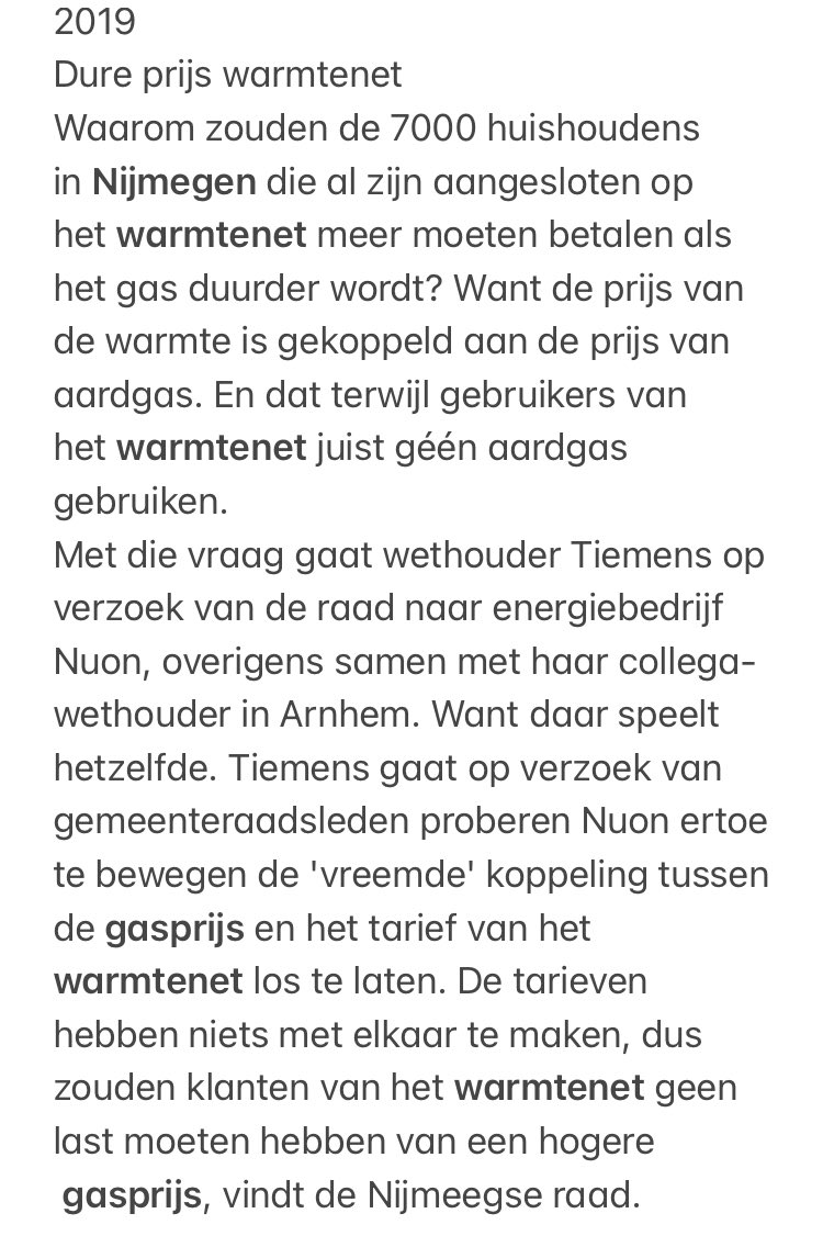 Ophef over dure stadsverwarming. In 2019 zelfde ophef. Toen kreeg wethouder opdracht Nijmeegse raad naar Nuon (inmiddels Vattenfall) te stappen. Want prijs deugt niet, zei raad toen al.
Er is Niks veranderd dus. En ja welk antwoord gaf Nuon toen?