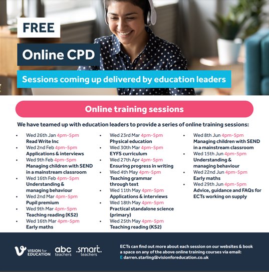 Vision for Education are currently offering free online CPD courses to ITT students. If interested in signing up to any sessions or getting more details, feel free to get in touch. <a href="/VisionForEd/">Vision for Education</a> #edutwitter #teacher #teachertwitter