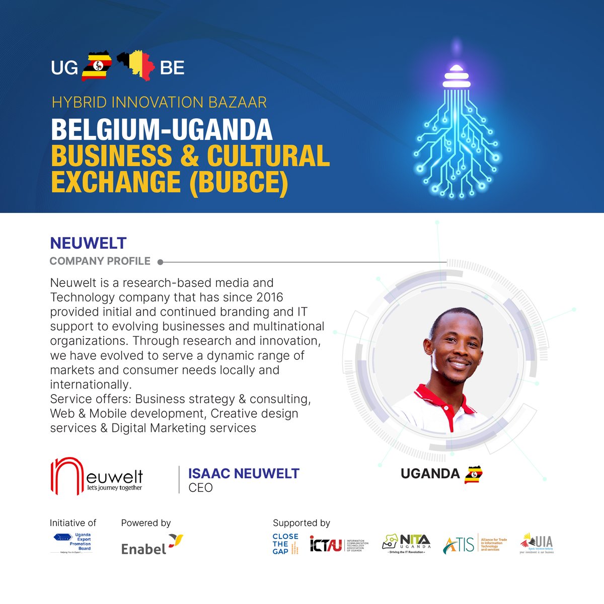 neuwelt_co's tweet photo. D-1 until the Belgium-Uganda Business and Cultural Exchange!
Come and join us via Zoom tomorrow at 9:30 AM EAT to hear interesting speakers.
Huge Bonus: Our CEO, Isaac Neuwelt, will be giving a pitch during the event
https://t.co/THp7SAYvMs
#BUBCE22 #UgBelExchange #TechPearl https://t.co/LUodTEpmDP