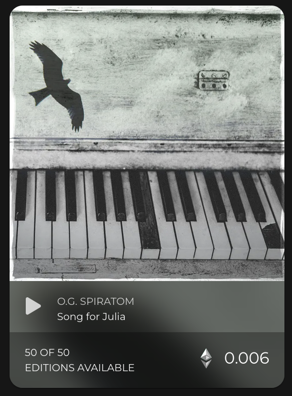 Today is a VERY special day 🍾

I am very excited 2 announce the release of my GENESIS #MusicNFT on <a href="/mintsongs/">Mint Songs</a> 👇

"Song for Julia"
50 Editions @ 0.006 wETH
mintsongs.com/songs/4114

#MusicNFTs #NFTMusic #mintsongs