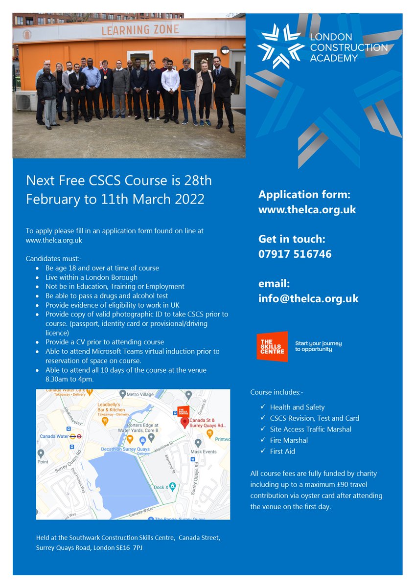 Spaces still available for our next 10 day CSCS course starting 28th February. Unemployed and want to learn about construction or need to renew your CSCS card?  Apply today
thelca.org.uk/courses-and-da…