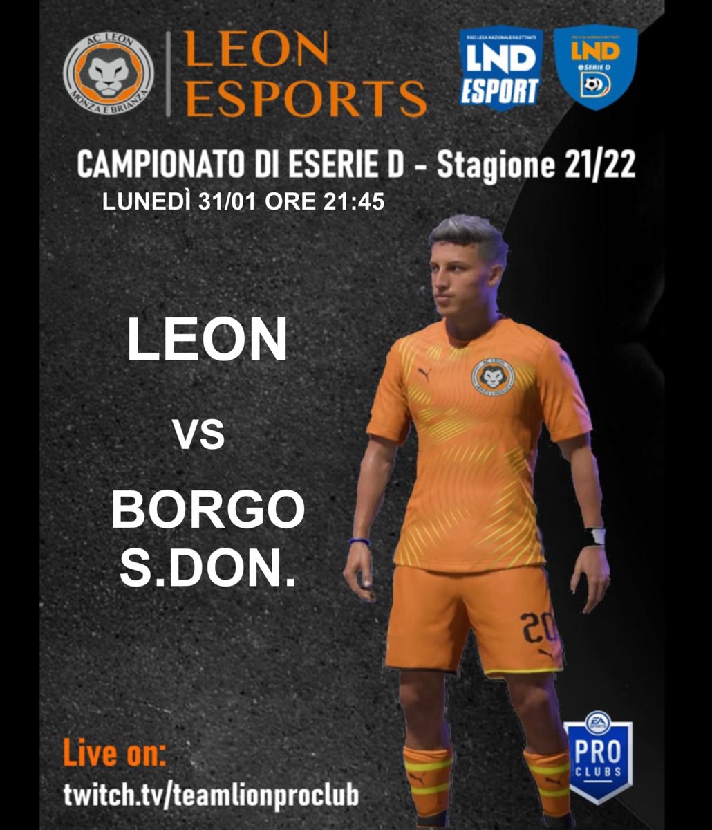 ⚽️ | MATCH DAY

🏆 | CAMPIONATO ESERIED  <a href="/LNDEsport1/">LND Esport</a> <a href="/LegaDilettanti/">LND</a> 
🗒️ | 17º GIORNATA
🆚 | Borgo San Donnino
🕚 | 21:45

📺 | twitch.tv/teamlionproclub