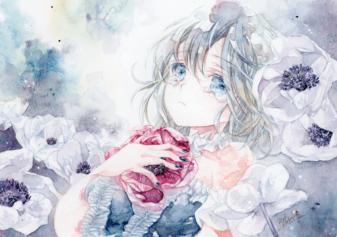 今月は瑠璃とアネモネと涙をいっぱい描きました
吉祥の彩美墨という深くて趣きのある色の画材にどっぷりでした✨
#今月描いた絵を晒そう 
#透明水彩 #彩美墨
#アナログ #創作イラスト 