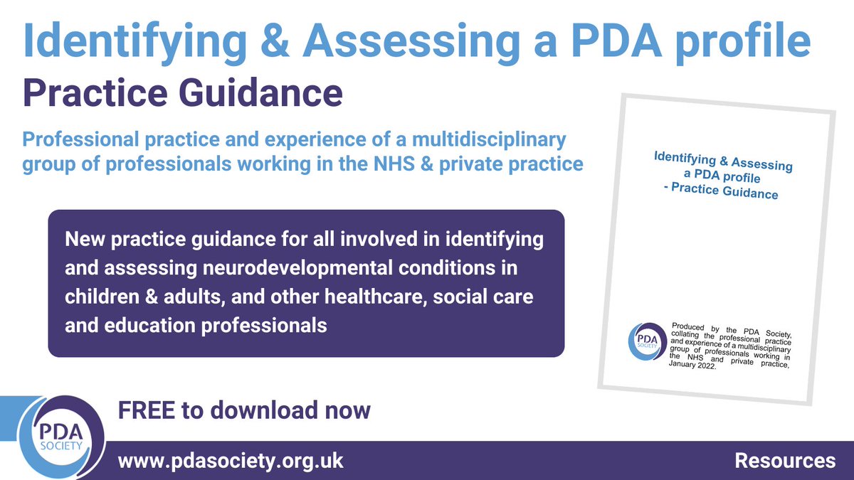 NEW practice guidance on identifying and assessing a #PDA profile, collating the professional practice and experience of a multidisciplinary group of professionals, has been produced by the PDA Society and is FREE to download now: pdasociety.org.uk/new-practice-g…