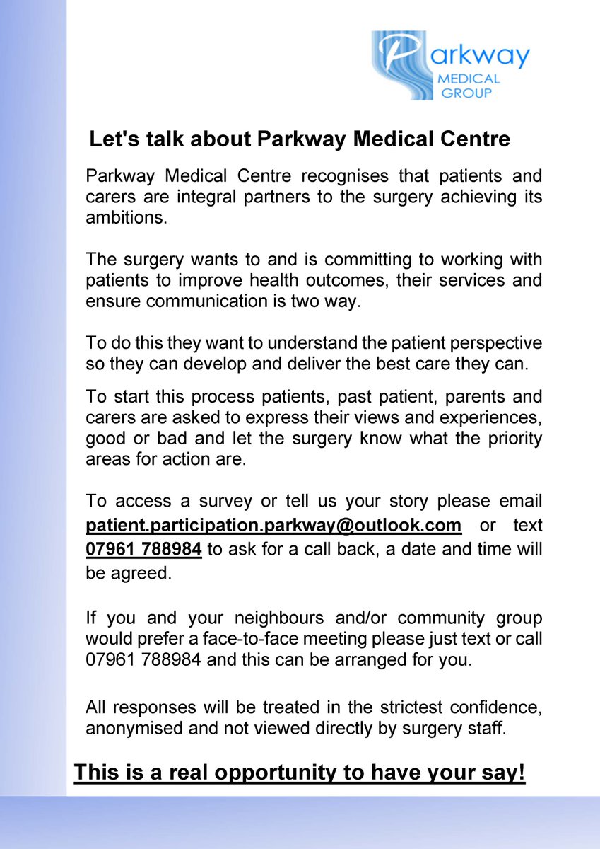 Healthwatch Newcastle (@hwnewcastle) on Twitter photo Are you a patient at Parkway Medical Centre in Chapel House, #Newcastle? They want to hear from patients, past patients, parents & carers.
Email patient.participation.parkway@outlook.com or phone or text 07961 788 984 to request a survey, a call back or a face-to-face meeting Are you a patient at Parkway Medical Centre in Chapel House, #Newcastle? They want to hear from patients, past patients, parents & carers.
Email patient.participation.parkway@outlook.com or phone or text 07961 788 984 to request a survey, a call back or a face-to-face meeting