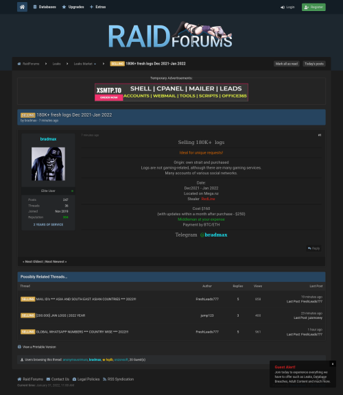 cyber_feeds's tweet photo. #marketforums #RaidForums - 180K+ fresh logs Dec 2021-Jan 2022 - https://t.co/ujaJB9h7sW https://t.co/paxG8v2Gs1