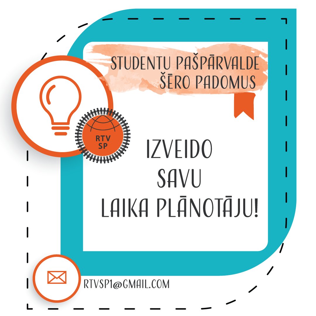 Talmaciba's tweet image. Virtuāli vai taustāmā veidā izveido savu plānotāju, kurā pieraksti visu, kas darāms,➡️laiku un datumu, līdz kuram tas jāpaveic!
✅PALĪDZI SEV PLĀNOT SAVU LAIKU!

👍RTV SP dalās vērtīgos padomos, ņem vērā un mācies!