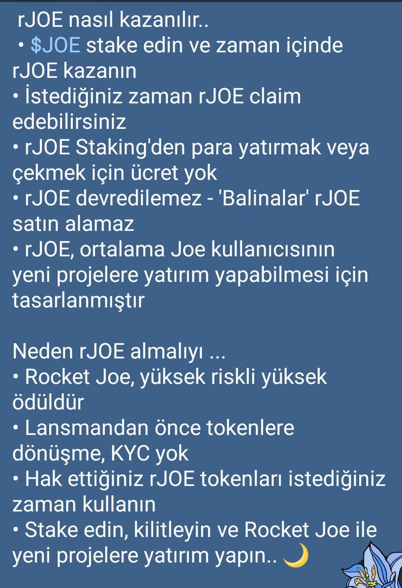 Etliekmek19's tweet photo. 1 Şubat itibariyle #TraderJoe'de hayata geçecek olan #RocketJoe ( $rJOE) nedir? Nasıl temin edilir?
Aşağıdaki görsellerden ayrıntıları inceleyebilirsiniz.

#Avalanche $JOE $AVAX $XAVA #IDO #DeFi https://t.co/Cpcvmf4R1l