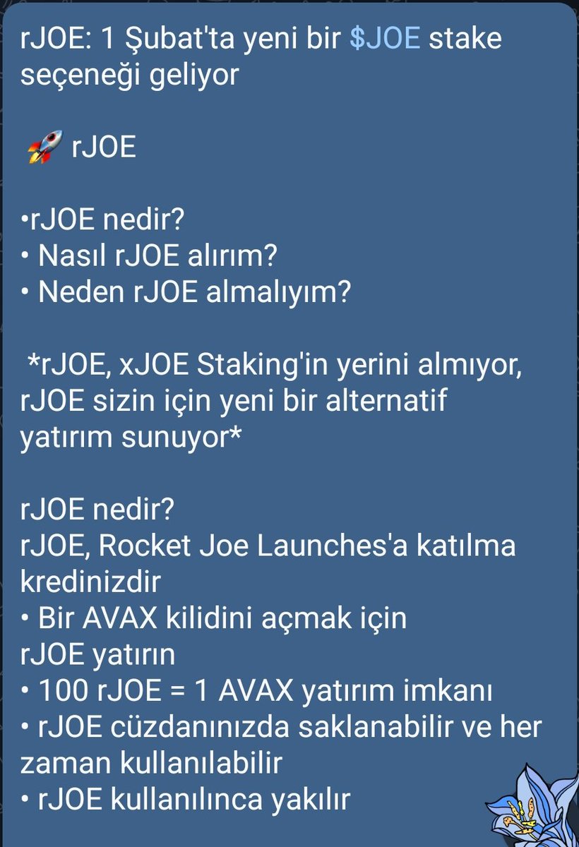 Etliekmek19's tweet photo. 1 Şubat itibariyle #TraderJoe'de hayata geçecek olan #RocketJoe ( $rJOE) nedir? Nasıl temin edilir?
Aşağıdaki görsellerden ayrıntıları inceleyebilirsiniz.

#Avalanche $JOE $AVAX $XAVA #IDO #DeFi https://t.co/Cpcvmf4R1l