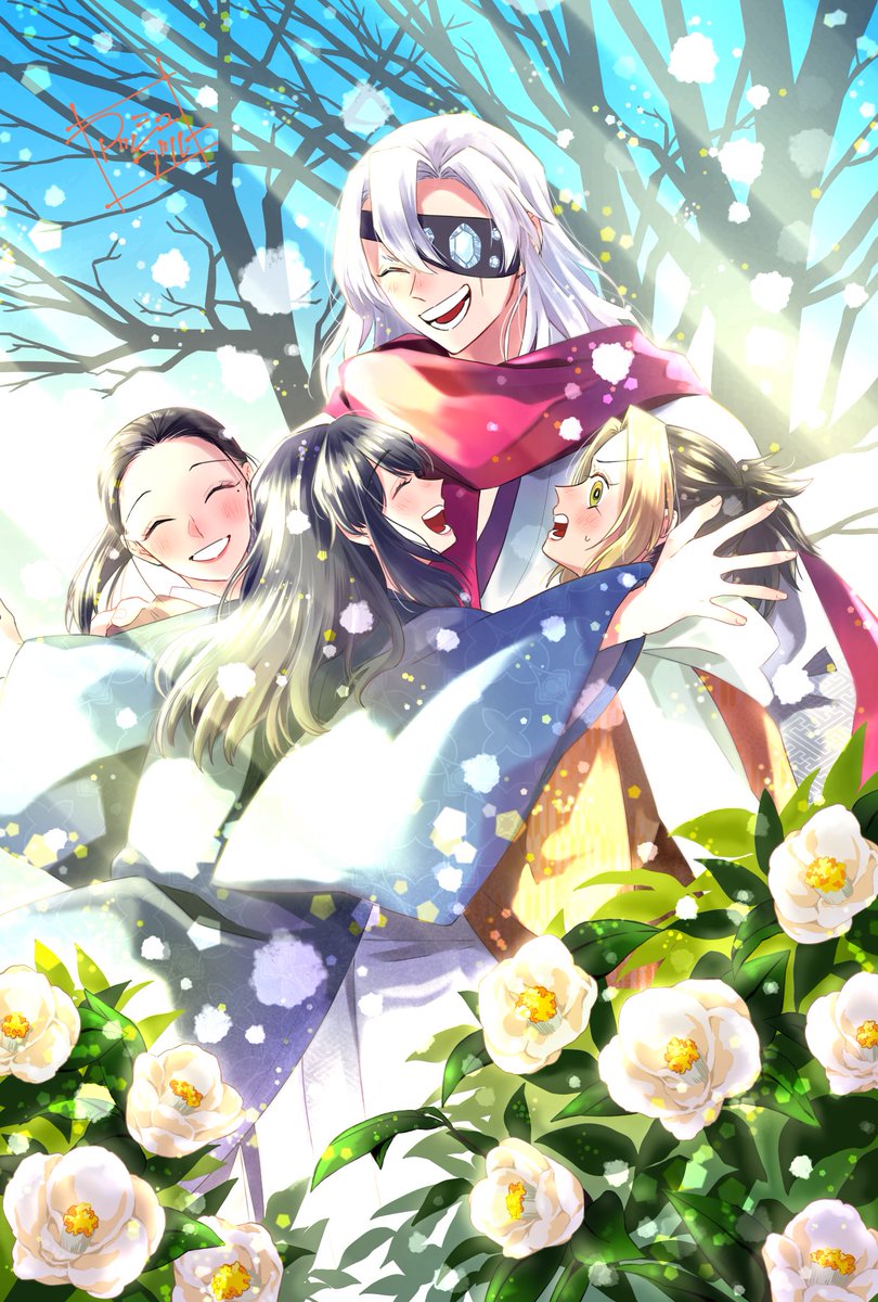 flower multiple boys black hair smile outdoors closed eyes japanese clothes  illustration images