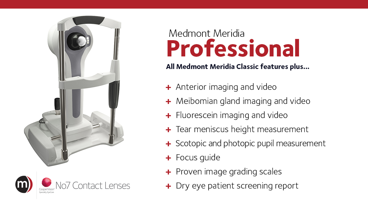 Check out the Medmont Meridia Professional's features list. It adds to the Classic with enhanced dry-eye💧, imaging and video apps 📹  - tools that can help you design more informed treatment plans and achieve better px outcomes. ℹ️ For more info visit: no7contactlenses.com/medmont-meridia