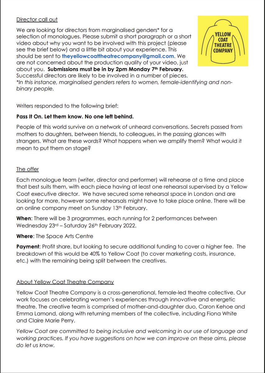 🎉 OPPORTUNITY TIME 🎉
Last but not least - directors!
Calling all directors who identify as women, female or non-binary - we want YOU!
Pass It On is coming to <a href="/SpaceArtsCentre/">The Space</a> next month &amp; we need you to direct our monologues.
Details below - DMs open for questions.
#YCPassItOn