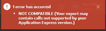 Tim_Halbach's tweet photo. I am trying to import a sample application in OCI and APEX (ADW) and I always get the following error. Does anyone know a solution? #orclapex #Oracle https://t.co/pnGziIf8lQ