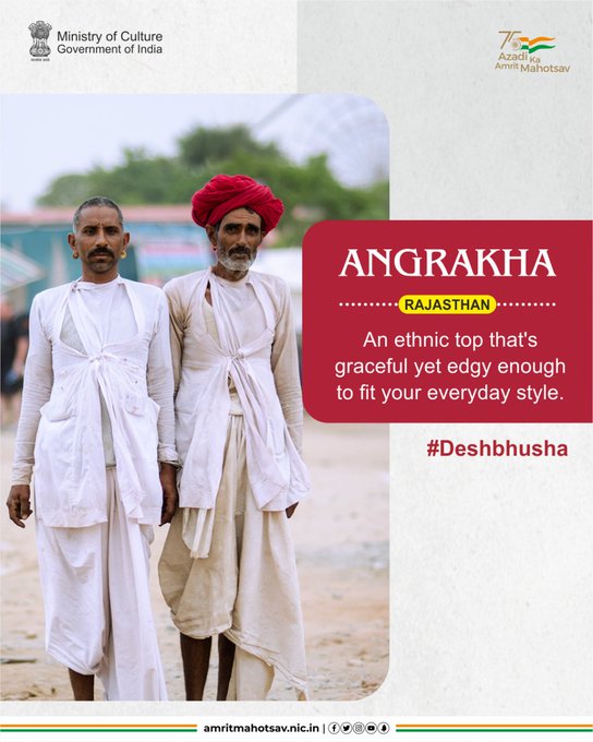 thegandhicentre's tweet photo. A traditional attire from Rajasthan, Angrakha, have you ever worn one or seen it before? If yes, do share in the comment section #Deshbhusha #AmritMahotsav #IncredibleIndia #rajasthan #MainBharatHoon 
@my_rajasthan @MinOfCultureGoI @TribalArmy @iccr_hq @IndinNederlands https://t.co/rcRPoctE0b