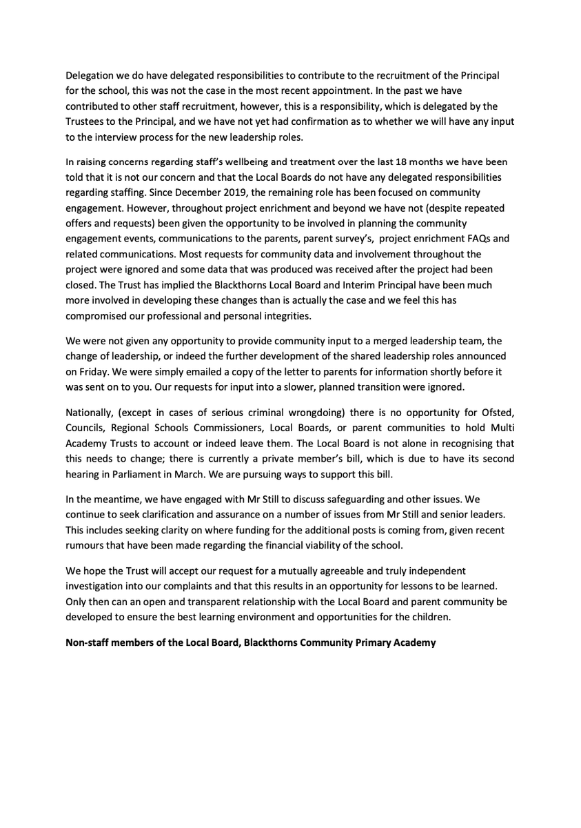 The @BlackthornsPri Local Board shared an open letter this morning to all parents/carers about their perspectives on working with @UOBAcademies which makes an interesting, and disappointing, read 
#TeamUOBAT and #UOBAT