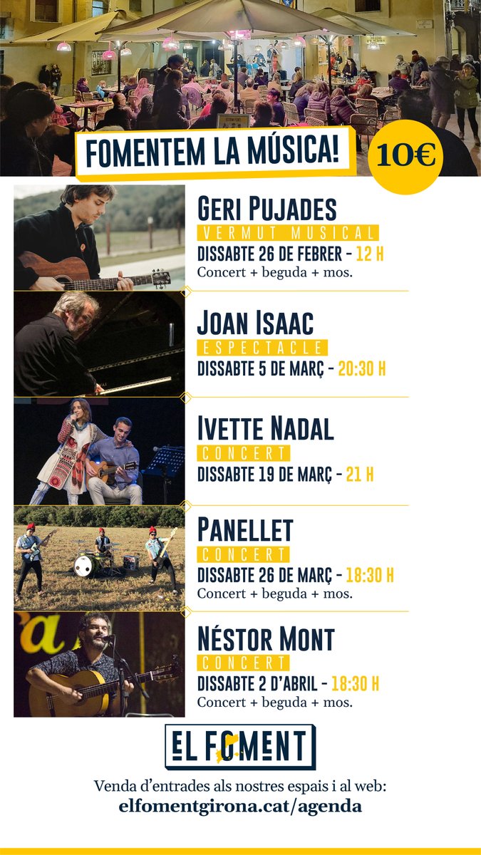 Fomentem la música catalana! La nostra agenda s'omple de notes musicals en català. Geri Pujades <a href="/gerrinsss/">Gerard Pujadas Serra</a> , Joan Isaac, <a href="/ivettenadal/">Ivette Nadal</a> amb Marcel Torres, Panellet <a href="/elspanellet/">Panellet</a>  i <a href="/Nestor_Mont/">Néstor Mont</a> . Entrades disponibles per 10 euros, consulta l'oferta a: elfomentgirona.cat/agenda