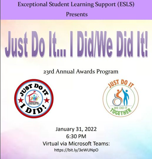 The BCPS Exceptional Student Learning Support division hosts the Just Do It Awards annually to honor exceptional students. The virtual awards ceremony is this evening, Mon Jan 31st at 6.30pm on Teams Live and you can join it here: bit.ly/3eWUNpO