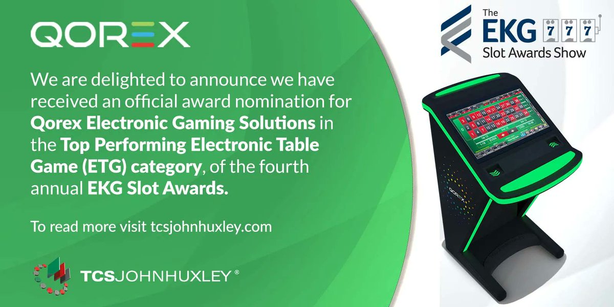 TCSJH_Gaming's tweet image. We are delighted to announce we have received an official award nomination for Qorex Electronic Gaming Solutions in the Top Performing Electronic Table Game (ETG) category, of the fourth annual EKG Slot Awards. Read more here bit.ly/3IOMXuZ #qorex #ETG #electronicgaming