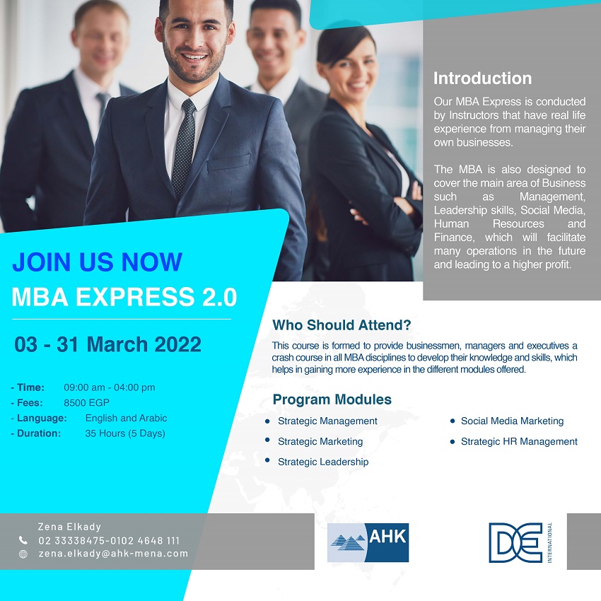German-Arab Chamber 🇪🇬🇩🇪 (@gacicegypt) on Twitter photo Join our MBA Express 2.0 Program.
For Registration, please visit:
forms.gle/Q3z6z7SyejHoro…
For more information please contact:
Zena El Kady
002/ 010 2464 8111
zena.elkady@ahk-mena.com Join our MBA Express 2.0 Program.
For Registration, please visit:
forms.gle/Q3z6z7SyejHoro…
For more information please contact:
Zena El Kady
002/ 010 2464 8111
zena.elkady@ahk-mena.com