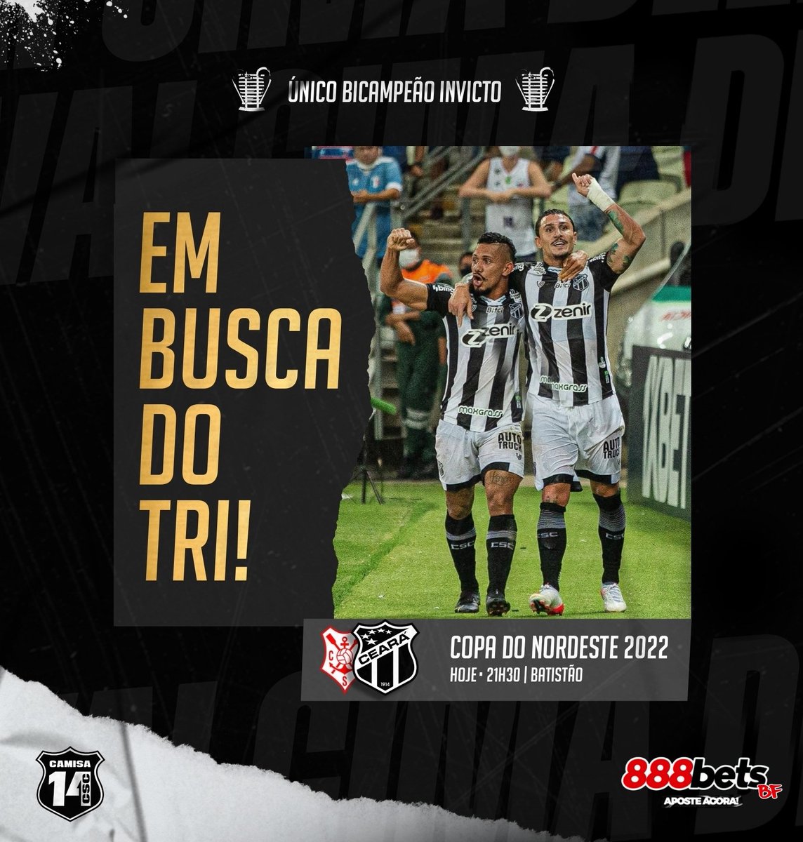 Camisa14Csc's tweet photo. PRIMEIRA BATALHA! 

Hoje o CEARÁ enfrenta a equipe do Sergipe, pela Copa do Nordeste. 

Será o primeiro jogo oficial da temporada 2022, que seja a primeira vitória!

Aposte com a melhor do estado:
https://t.co/1mASm6ZEEx 

#BomDia #Camisa14Csc #CopadoNordeste #CearaSC https://t.co/EFIKiFtpEe