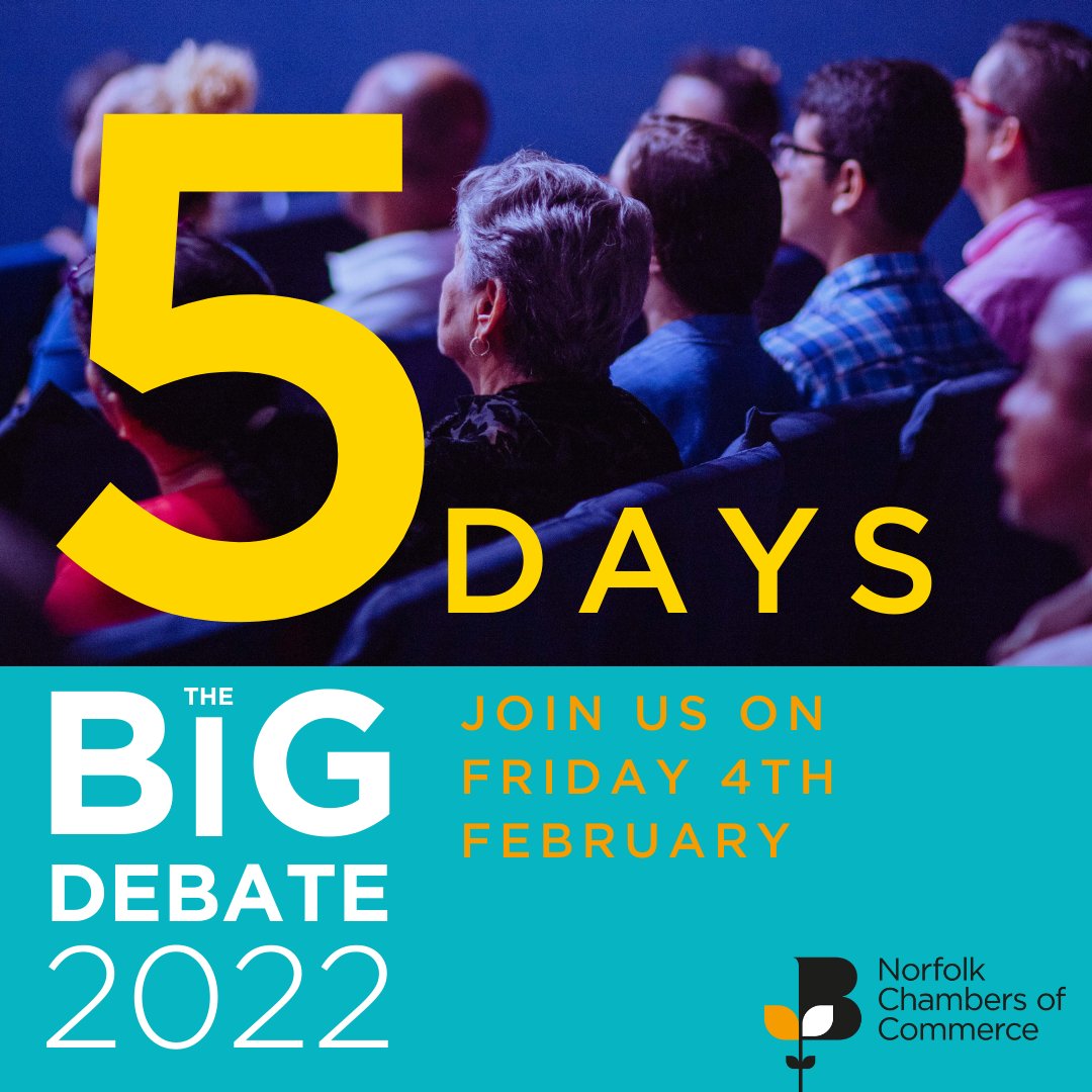 In 5 days, Norfolk MP's and local business leaders will be coming together to discuss important issues that matter most to the Norfolk business Co.mmunity. 

Get involved and Send us your questions: form.jotform.com/220244543961352

#ChamberEvent #BigDebate22 #Countdown