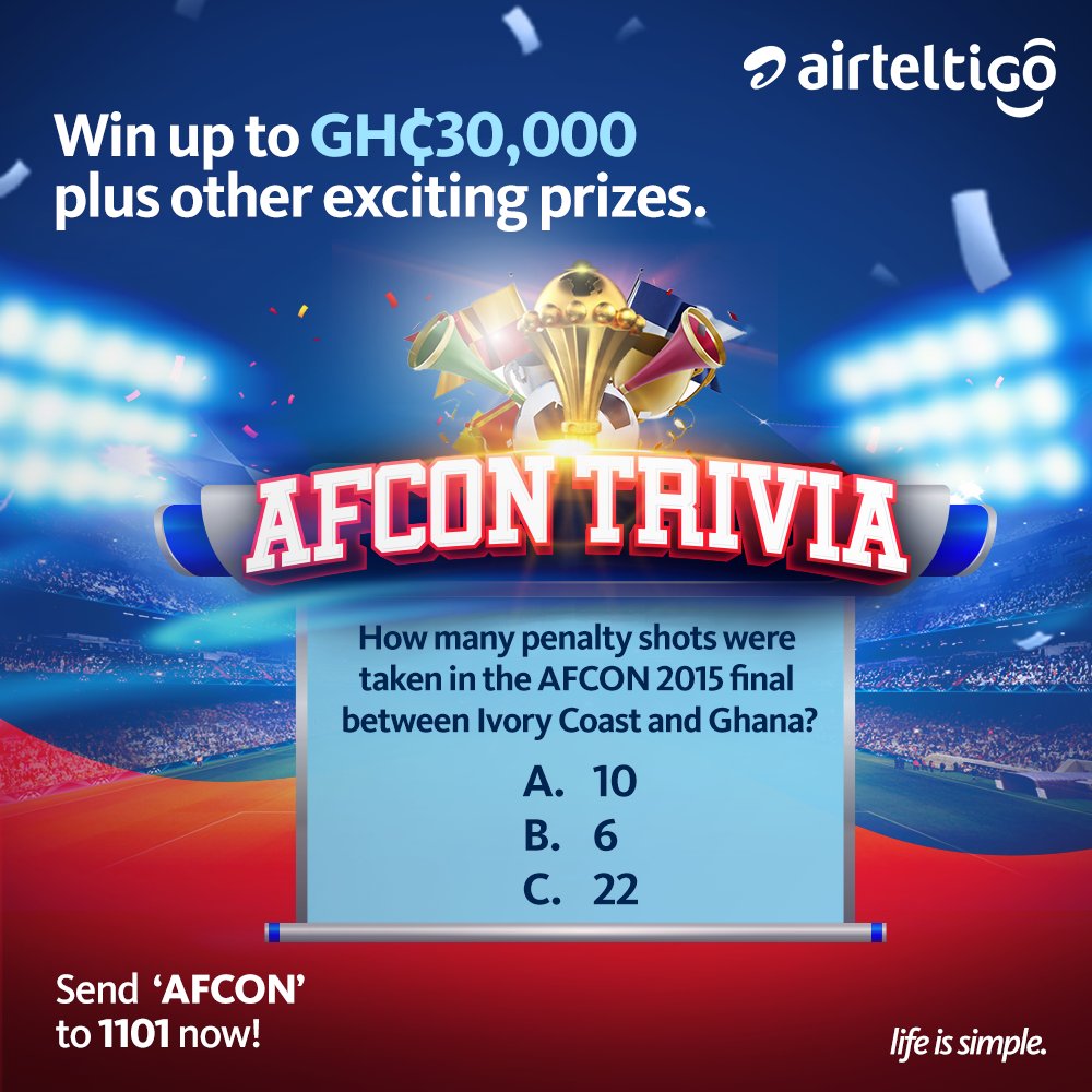 theatghana's tweet photo. There are lots of CASH and other amazing prizes up for grabs in the ongoing #AirtelTigo AFCON Trivia!
WIN Jerseys, Smart TVs & Cash prizes simply by sending 'AFCON' to 1101 & correctly answering the #AFCON Trivia questions.
#LifeIsSimple|#AFCONTrivia|#UseAirtelTigo|#AFCON2021 | https://t.co/wseV8PULDR