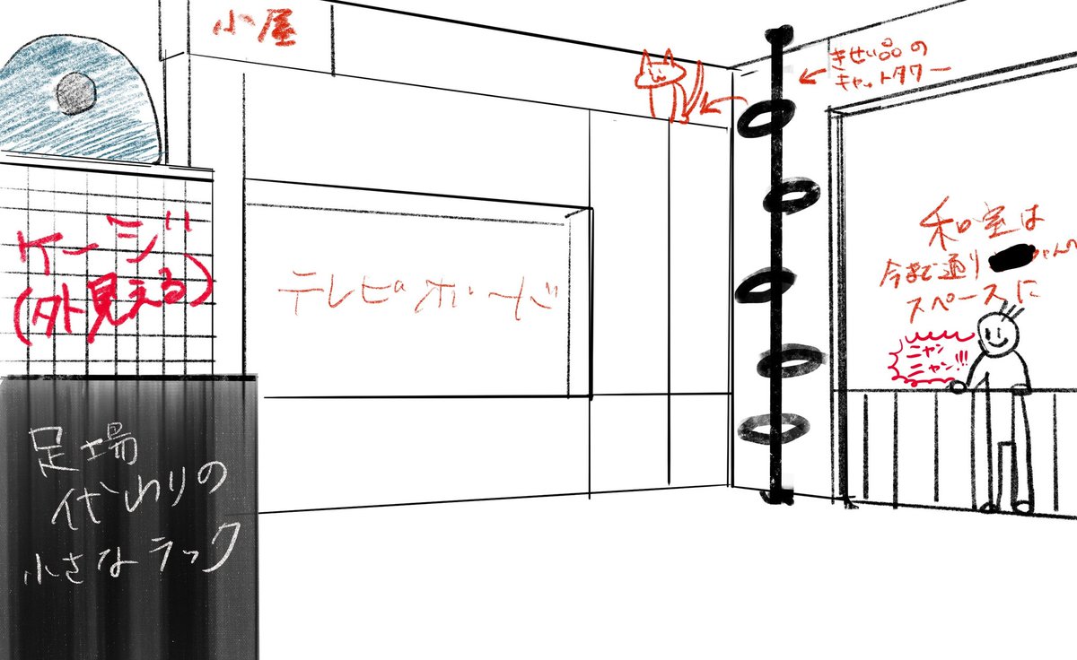 猫は外の景色を見るのが好きと聞いて、やっぱりケージは窓際が良いのかなと思い渾身のレイアウトスケッチを描いた。 