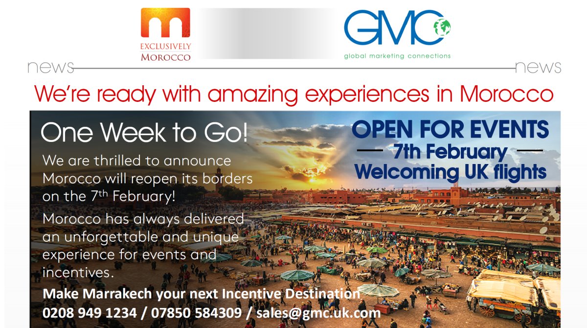 Fantastic news! 7 days from now Morocco once again welcomes UK flights and reopens for amazing events created by Exclusively Morocco! mailchi.mp/gmc.uk.com/mor… Talk to us here at GMC and discover all the possibilities. 0208 949 1234 sales@gmc.uk.com