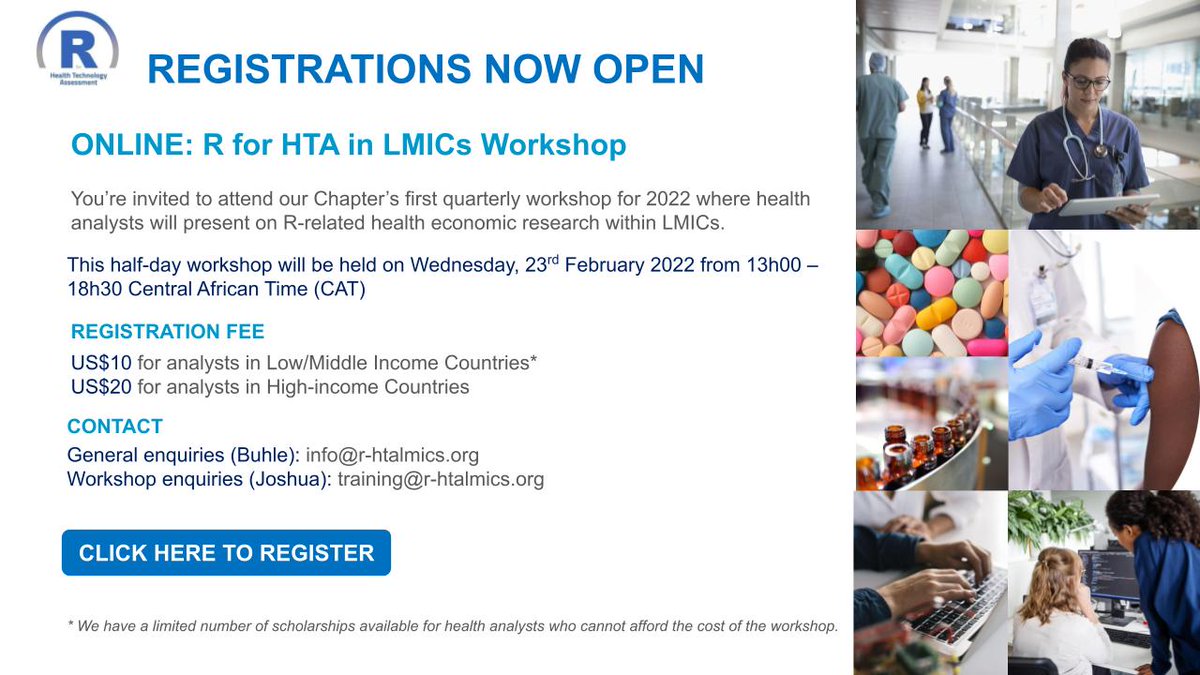ICYMI: REGISTRATIONS NOW OPEN: Register to attend the first 'R-HTA in LMICs Workshop' on 23 February 2022. Click here to register: mailchi.mp/78f677049674/r…
<a href="/rhta16/">r-hta</a>
 #RHTA #HTA #LMICs #HealthEconomics #HEOR #Rstats