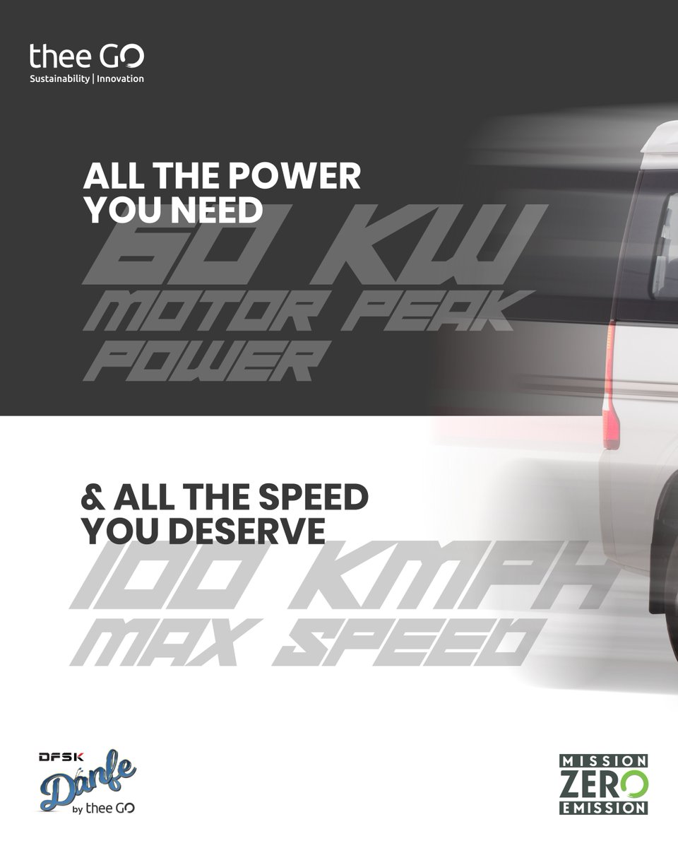 thee GO’s EV having Motor Peak Power 60 KW, 
DFSK Danfe with Max Speed 100kmph. 

Get all the power you need and all the speed you deserve in thee GO's DFSK Danfe.

#theeGO #Sustainability #Innovation #MissionZeroEmission #DFSKDanfe