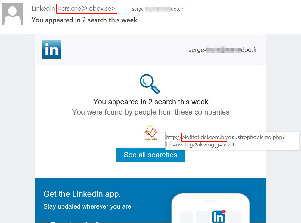 kaspersky's tweet photo. "You appeared in 2 searches this week"

Ego and vanity are two buttons that scammers know how to push.  Check out how some leverage fake #LinkedIn emails in order to get you to click malicious links.

Full story ⇒ https://t.co/wwRXeYY7HD https://t.co/1mLLFTFg4E