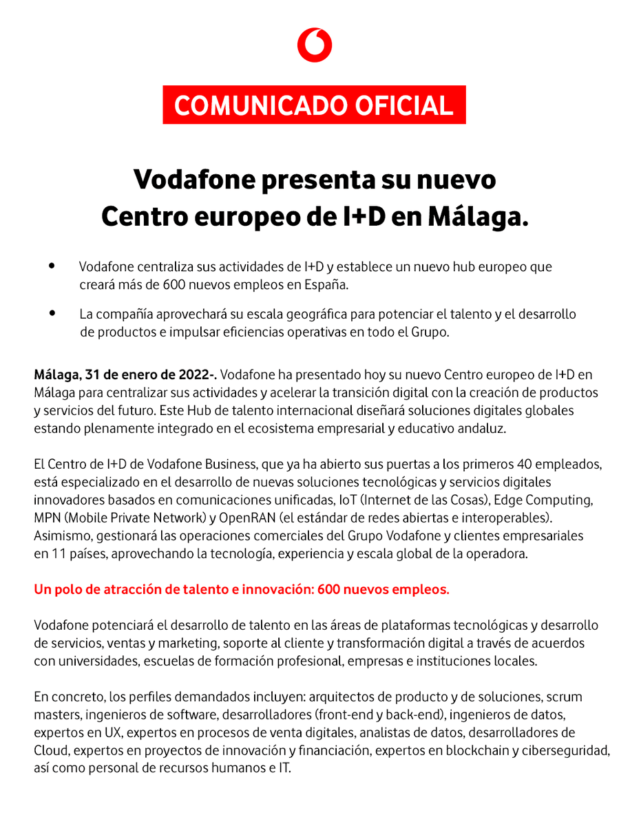 vodafone_es's tweet photo. 🔴 COMUNICADO OFICIAL | Vodafone presenta su nuevo Centro europeo de I+D en Málaga.

🔺 Más de 600 nuevos empleos directos.
🔺 Referente internacional en innovación y atracción de talento. 
🔺 Creación de productos y servicios del futuro.

🏢 https://t.co/zOBwrLuCpI https://t.co/MZFxEYYZ9L
