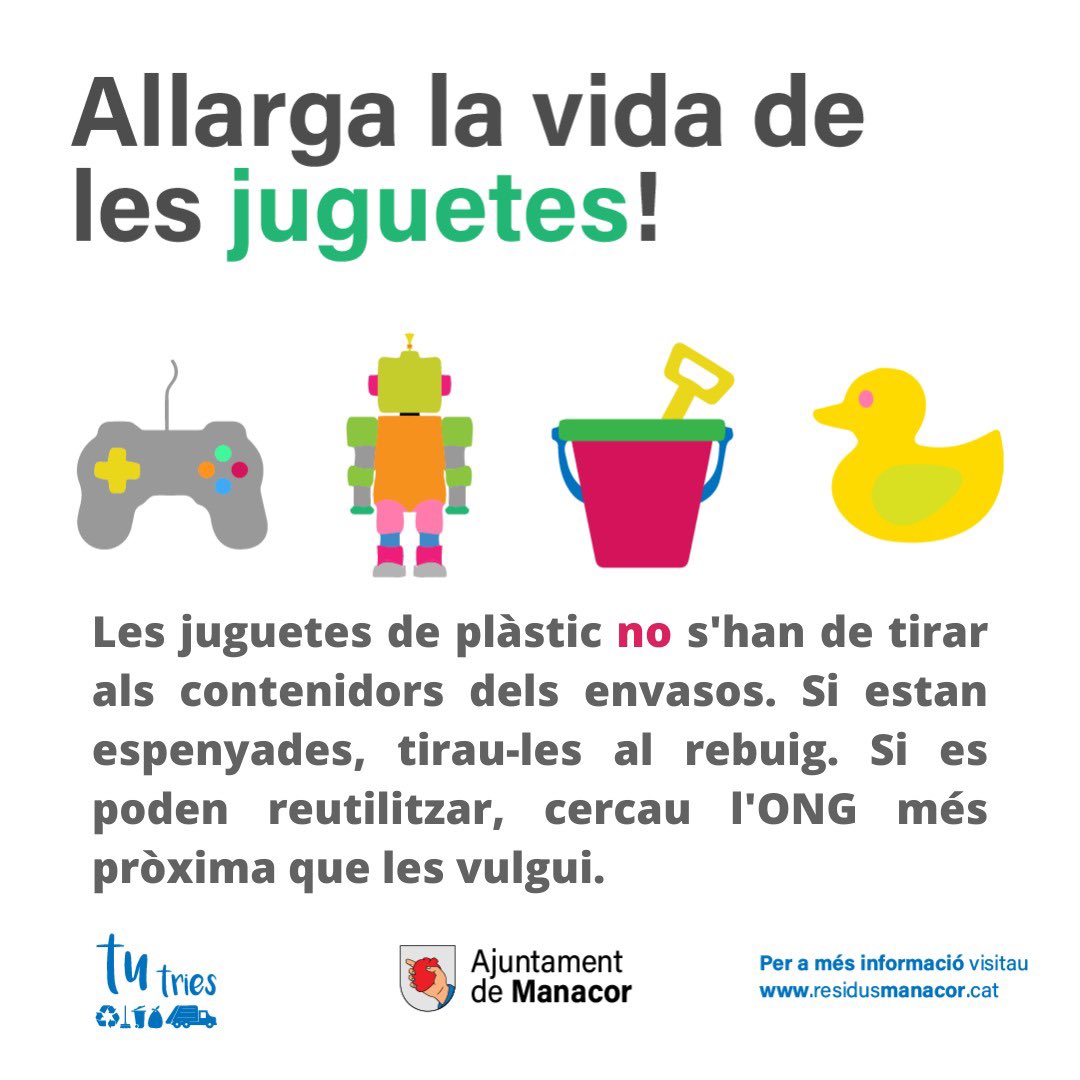 Allarga la vida de les #juguetes 🧸 seguint aquests consells. I recorda que si estan espenyades, les has de llançar al ⚪️ #rebuig!

#MediAmbient #MediAmbientManacor #TuTries #AjuntamentdeManacor  #ResidusManacor