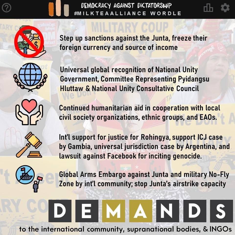 mta_PH's tweet photo. #MilkTeaAlliance: A Global Unity Statement on the Anniversary of the Attempted Coup in #Myanmar 

Let’s call unto leaders worldwide to take affirmative action for our Burmese brothers and sisters still fighting for freedom from the #Tatmadaw 

Sign here: https://t.co/0dicFt2Y3q” https://t.co/QWV1ugKkNo