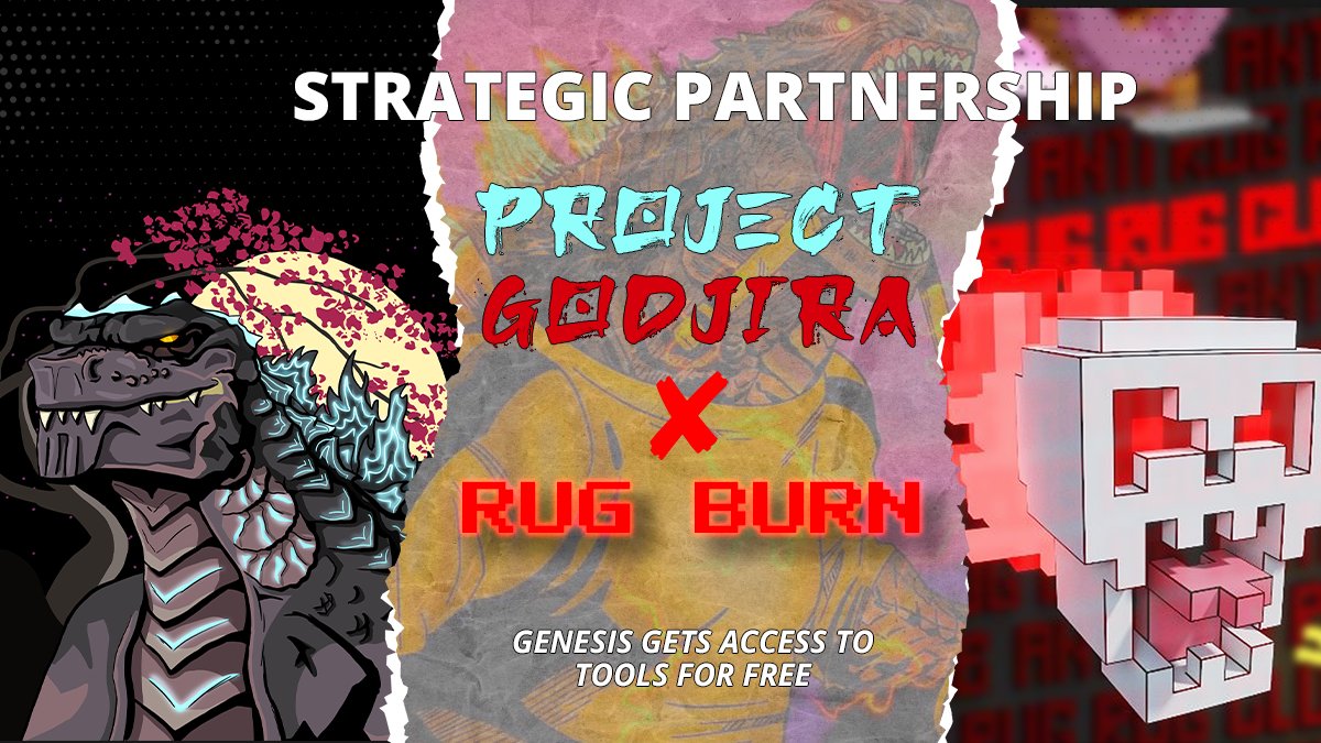 🚨 PARTNERSHIP ANNOUNCEMENT 🚨

@PGodjira x <a href="/rugburners/">RugBurn</a>
 
All Godjira Genesis holders get free access to Rug burn tools Red heart

<a href="/rugburners/">RugBurn</a> floor price is 1.5 ETH 👀

RT to get 5 one month all-access passes