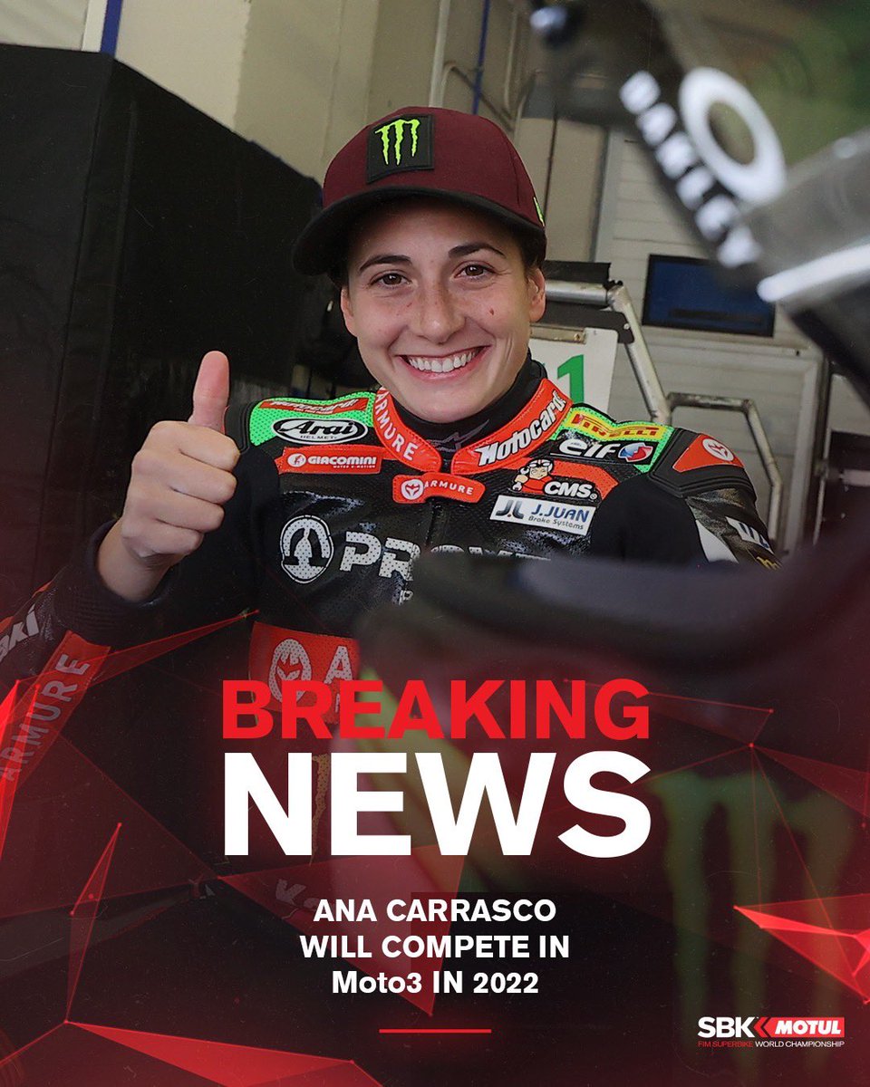 WorldSBK's tweet photo. BREAKING💥 The 2018 #WorldSSP300 Champion will be back in #Moto3 next season 👀

We are so sad to see you go 😢 But we wish you all the best on this new adventure @AnaCarrasco_22! We are sure you are going to smash it as you've always done it! 👏 

📰 | https://t.co/kHCwjhexz3 https://t.co/iwslm1jMhl
