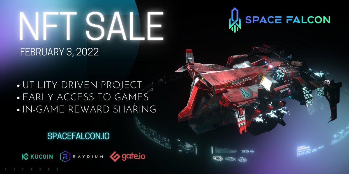 SpaceFalconAI's tweet photo. Space Falcon: Intergalactic metaverse featuring the space shooter game and premium NFTs!

Mint:
📅3rd Feb.
⏰12:00 UTC

NFT holders get whitelisting in IDO allocation on our upcoming #FalconLaunch Launchpad

Join Discord for whitelist: https://t.co/wmt7z0pWsl

#SpaceFalcon #NFTs https://t.co/X7RsXrU3Cj