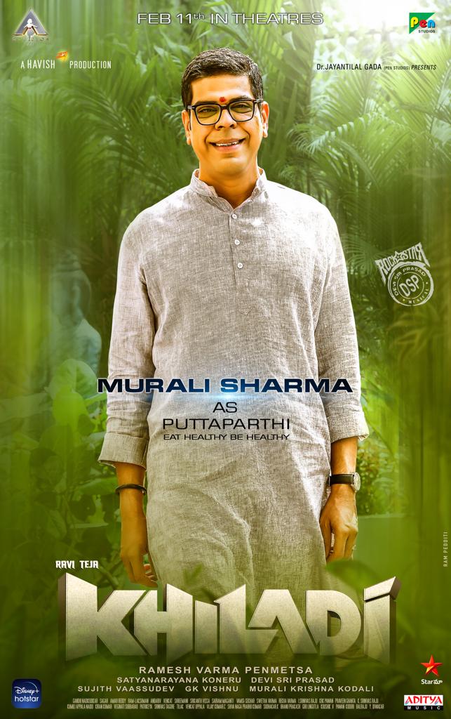 Every SMART PLAY has a MAN with Healthy Philosophy 🤙🏻 Presenting @murlisharma72 as ‘PUTTAPARTHI ’ in #Khiladi 🕶️ #KhiladiFromFeb11th2022 🔥 @RaviTeja_offl @DimpleHayathi @Meenakshiioffl @DirRameshVarma @akarjunofficial @ThisIsDSP #KoneruSatyanarayana @AstudiosLLP @PenMovies