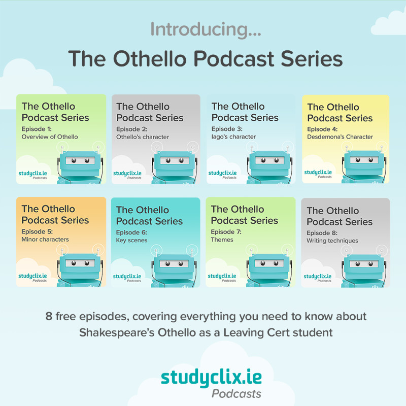 Studyclix's tweet photo. Have you listened to the Studyclix Othello Podcast yet?

Created by @MrTobinEnglish (Mr Tobin Leaving Cert English on Youtube), there are 8 free episodes covering everything Leaving Cert students studying Othello need to know ✍🏻

Available on all major podcast platforms 🎧