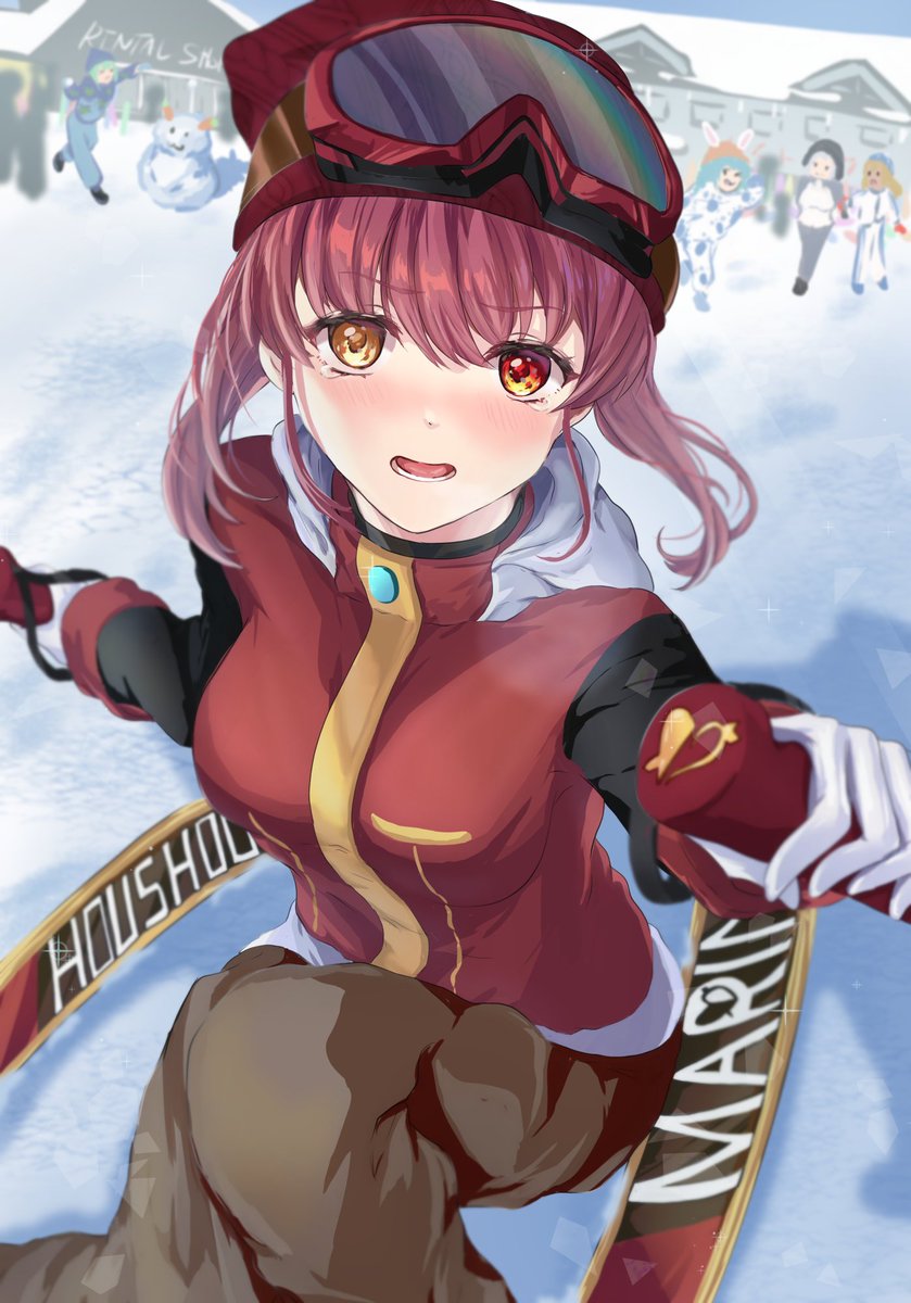 houshou marine ,shiranui flare snow red hair goggles heterochromia yellow eyes blush red eyes  illustration images