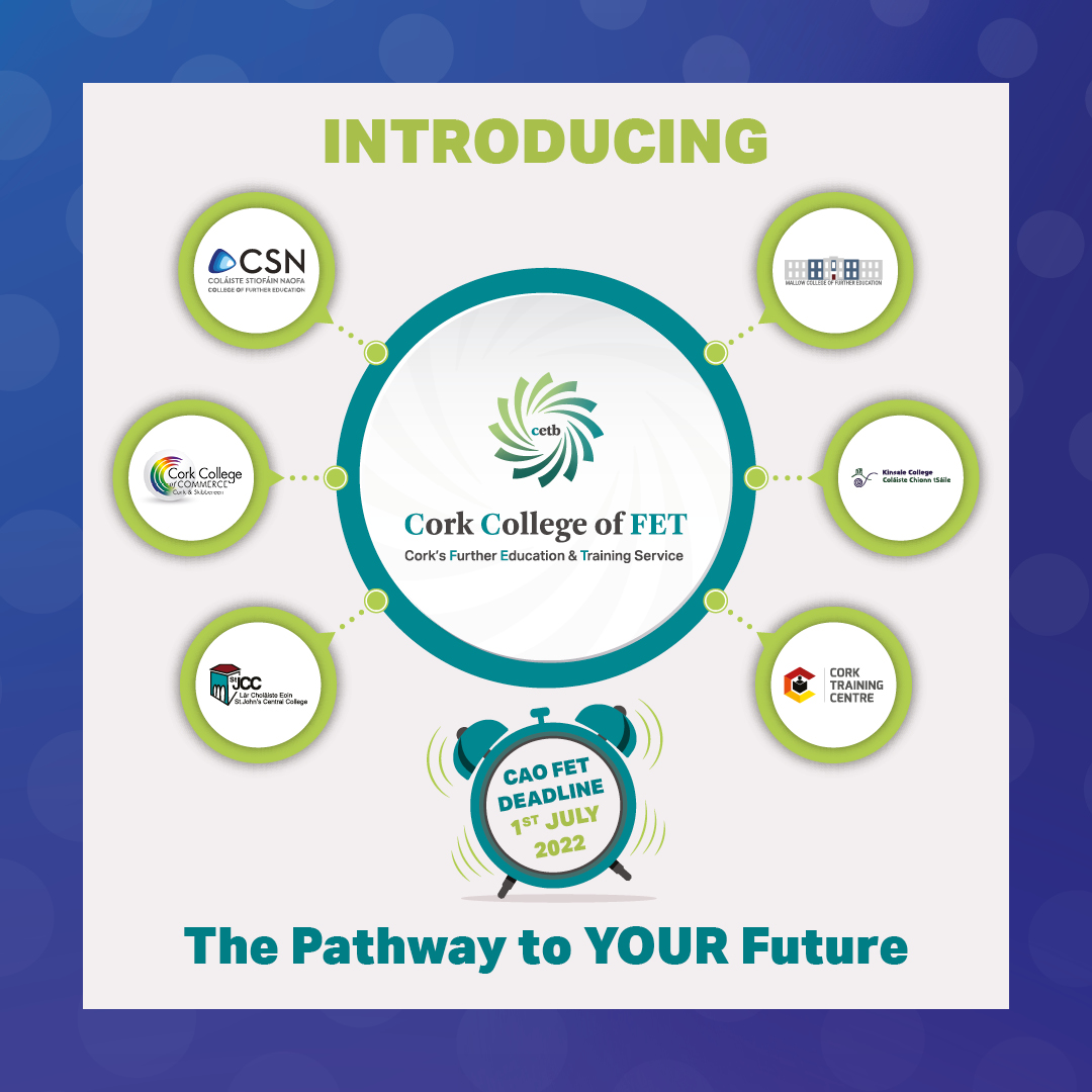 HopkinsComms's tweet photo. As the #CAOdeadline approaches, check out 'Cork College of FET', the exciting new identity for @CorkETB's #FurtherEducation &amp; #TrainingColleges, Centres and Services. Find 'The pathway to YOUR future'?  &amp; apply now at https://t.co/BS0dZA8kOK
#CorkCollegeOfFet #CCoF #ThisIsFet https://t.co/OY7Os4Hsgf