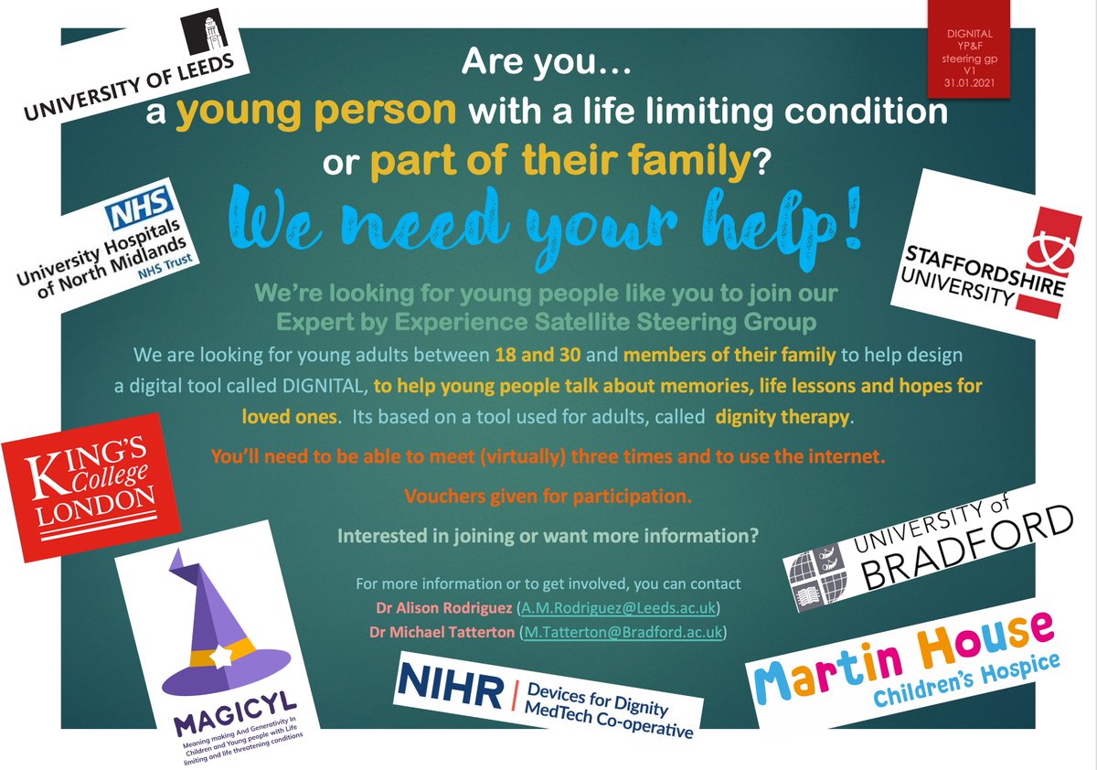 MJTatterton's tweet image. We're looking for #YoungPeople between 18-30 with #lifelimiting conditions &amp;amp; their #family members to join our #research steering group 🗨️💬👋. If you'd like to get involved, please get in touch with 
@ARodriguez339 or @MJTatterton #PalliativeCare #DignityTherapy. Please RT