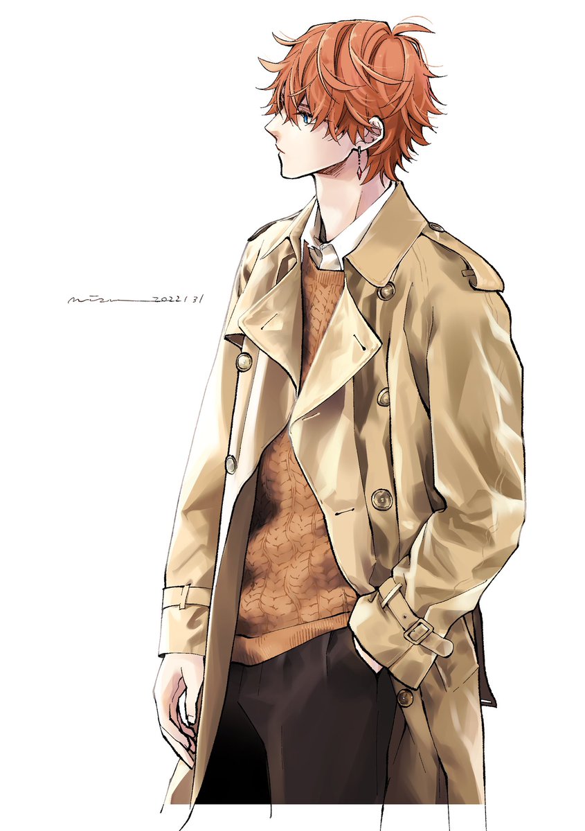 tartaglia (genshin impact) 1boy male focus solo pants hand in pocket jewelry orange hair  illustration images