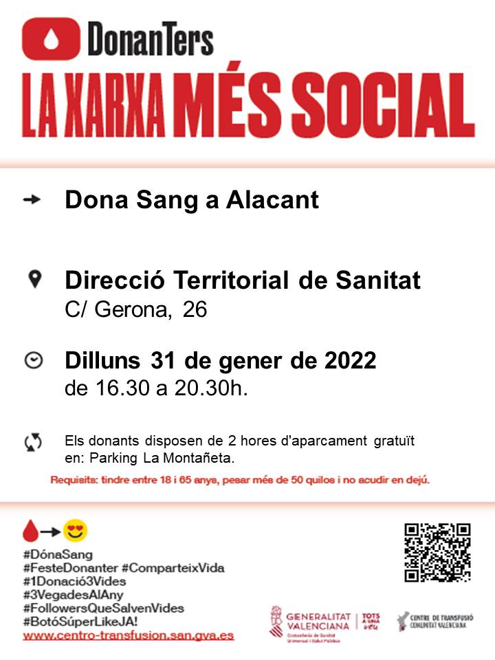 GVAdonasang's tweet photo. Dona sang a #Alacant
📅#31gener
👉Si tens entre 18 anys i 65 anys i peses més de 50 quilos 𝒑𝒐𝒕𝒔 𝒔𝒆𝒓 𝒖𝒏 𝒅𝒆𝒍𝒔 𝟔𝟓𝟎 𝒅𝒐𝒏𝒂𝒏𝒕𝒔 𝒒𝒖𝒆 𝒉𝒖𝒊 𝒏𝒆𝒄𝒆𝒔𝒔𝒊𝒕𝒆𝒎 per a #SalvarVides. https://t.co/xr3Eup7L1q