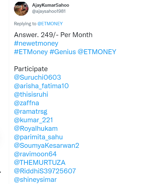 ETMONEY's tweet photo. Woohoo! Congratulations @ajaysahoo1981 on winning an #Amazonvoucher worth 10K in our "Guess the price" giveaway. Welcome to the #Geniuslife!
Note: We drew the winner randomly from the hundreds of entries we received.
#winner #contest #Giveaway #ETMoney #genius https://t.co/s3QEwTONlo