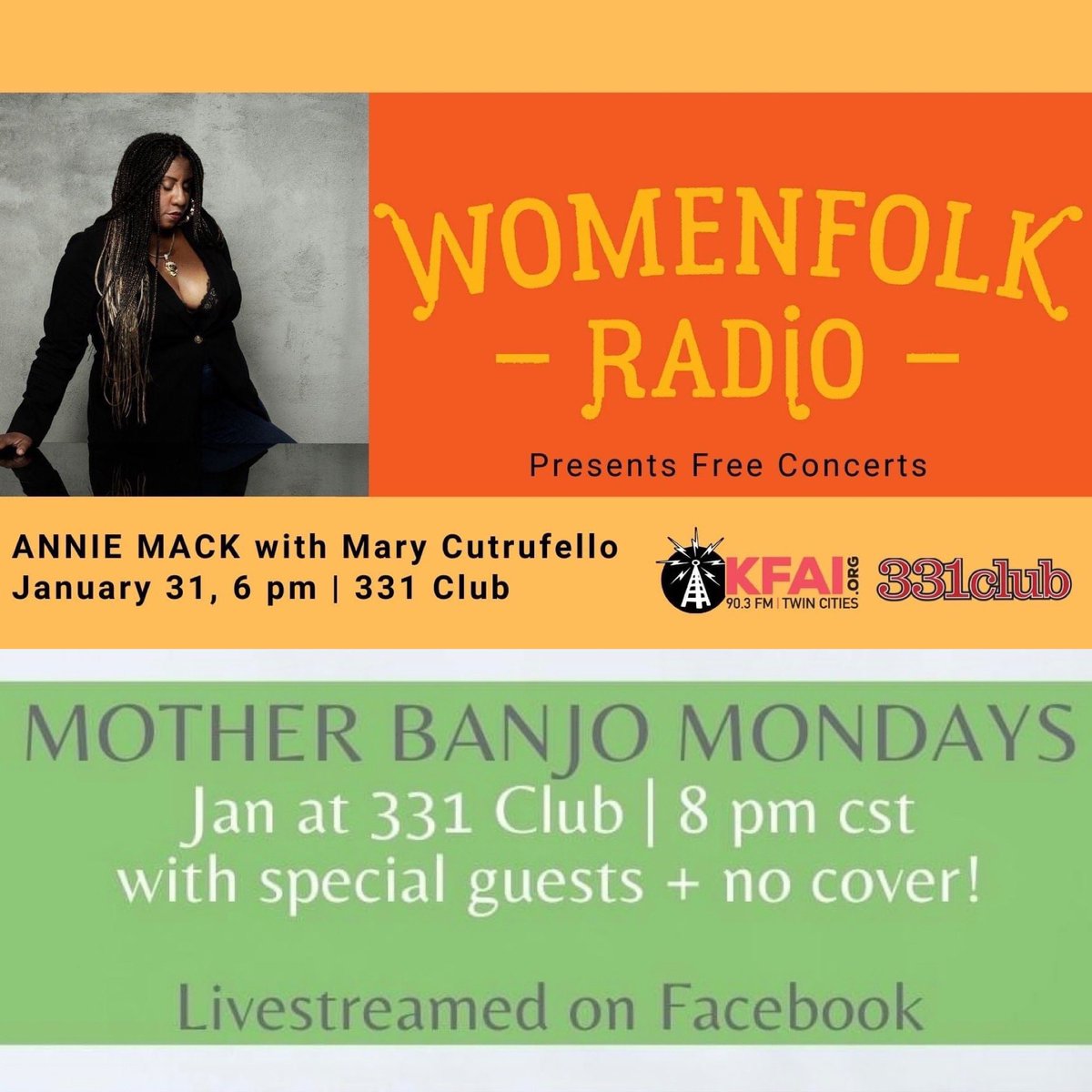 What a night it’s going to be at <a href="/331club/">331 club</a>! First Annie Mack kicks off the 2022 #WomenfolkRadio concert series with a 6 pm acoustic show…then my Mother Banjo Band finishes up our Jan residency with special guest Ben Cook-Feltz! 🎸🎶🪕❤️