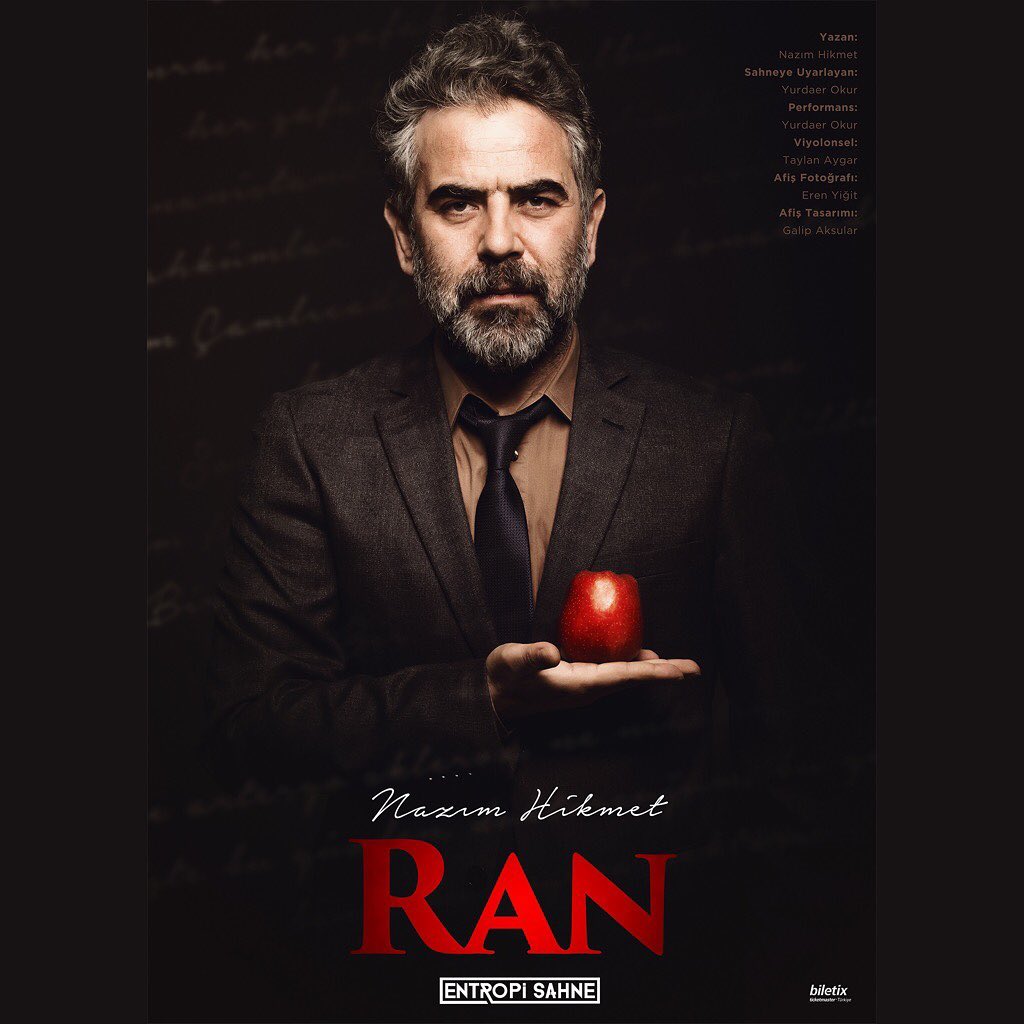 " RAN " 

6 Şubat - KKM Gönül Ülkü ve Gazanfer Özcan Sahnesi, İstanbul 
biletler; biletix.com/etkinlik/16V06… 

11 Mart - Panora Sanat Merkezi, Ankara 
biletler; biletix.com/etkinlik/1QF41… 

<a href="/entropisahne/">Entropi Sahne</a> <a href="/yurdaerokur/">yurdaer okur</a> 
#tiyatro #sahne #etkinlik #ran #nazimhikmet #ankara #istanbul
