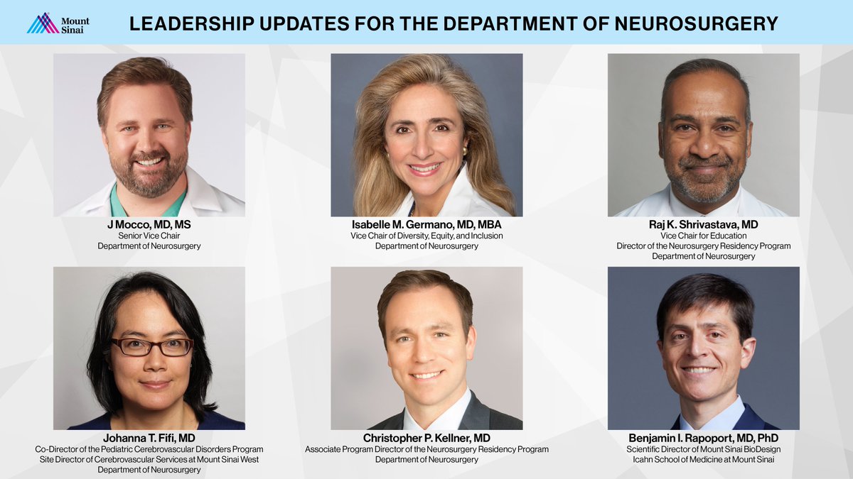 Mount Sinai Neurosurgery (@mountsinaineuro) on Twitter photo Announcing #Neurosurgery leadership updates for <a href="/MountSinaiNeuro/">Mount Sinai Neurosurgery</a> faculty at <a href="/MountSinaiNYC/">Mount Sinai Health System</a>! Congrats <a href="/JMoccoMD/">J Mocco, MD, MS</a> Dr Germano <a href="/ShrivastavaMD/">Raj K. Shrivastava, MD</a> <a href="/johannatfifi/">Johanna T. Fifi, MD</a> <a href="/chriskellnerMD/">Dr. Christopher Kellner</a> & Dr Rapoport on their appointments/promotions! <a href="/SinaiBioDesign/">Mount Sinai BioDesign</a> <a href="/SinaiBrain/">Friedman Brain Institute</a> #nsgytwitter health.mountsinai.org/blog/leadershi… Announcing #Neurosurgery leadership updates for <a href="/MountSinaiNeuro/">Mount Sinai Neurosurgery</a> faculty at <a href="/MountSinaiNYC/">Mount Sinai Health System</a>! Congrats <a href="/JMoccoMD/">J Mocco, MD, MS</a> Dr Germano <a href="/ShrivastavaMD/">Raj K. Shrivastava, MD</a> <a href="/johannatfifi/">Johanna T. Fifi, MD</a> <a href="/chriskellnerMD/">Dr. Christopher Kellner</a> & Dr Rapoport on their appointments/promotions! <a href="/SinaiBioDesign/">Mount Sinai BioDesign</a> <a href="/SinaiBrain/">Friedman Brain Institute</a> #nsgytwitter health.mountsinai.org/blog/leadershi…